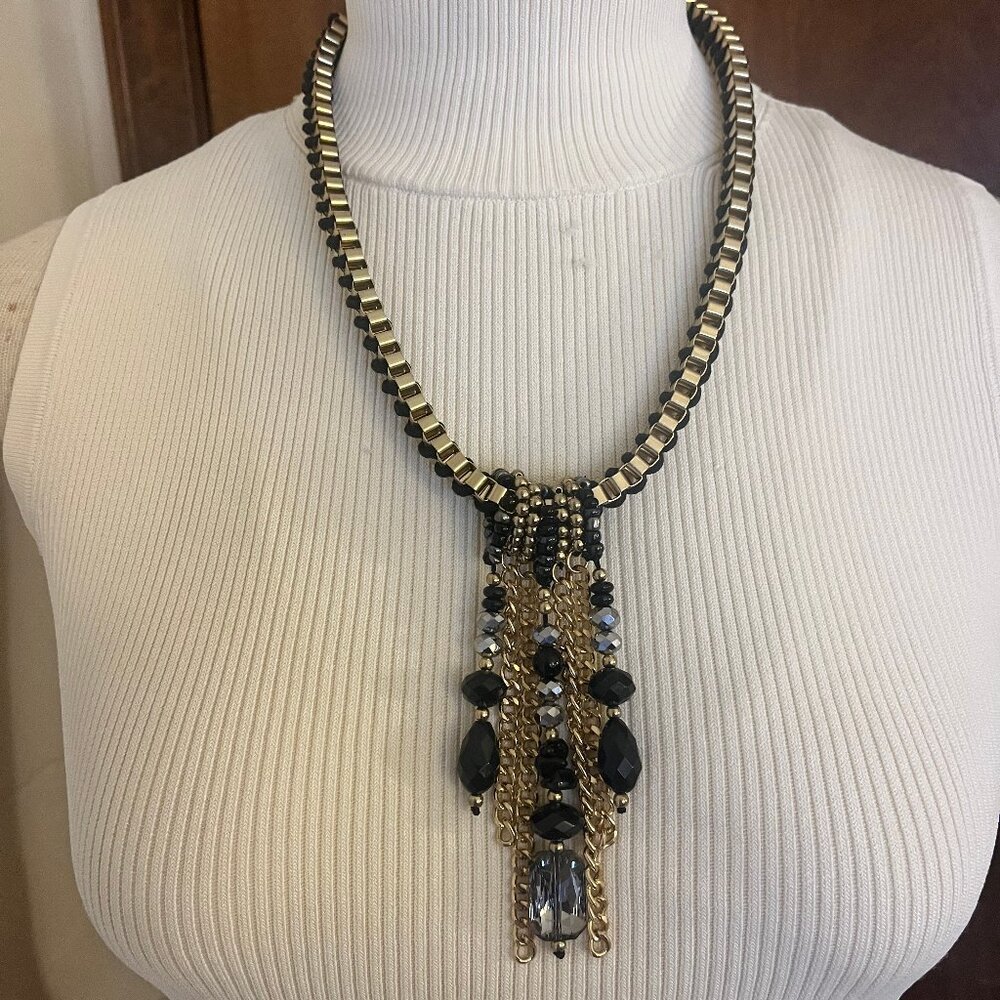Black & Gold Chunky Chain Statement Necklace / Fringe Bib - Picture 3 of 9